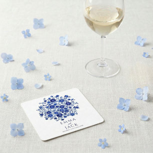 Porta-copo De Papel Quadrado Buquê Floral Azul Obrigado no casamento