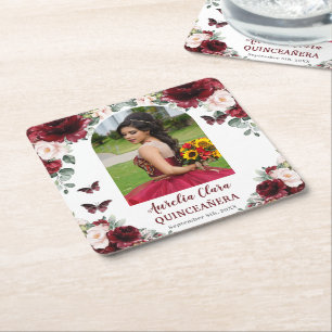 Porta-copo De Papel Quadrado Burgundy Blush Floral Quinceañera Foto Keepsasak