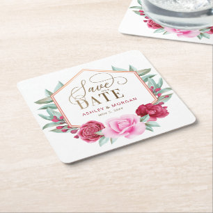 Porta-copo De Papel Quadrado Burgundy Blush Gold Floral Salve a Data
