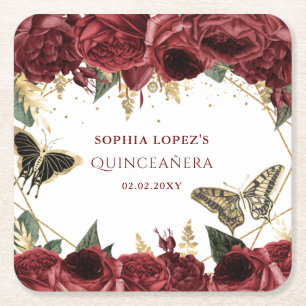 Porta-copo De Papel Quadrado Burgundy Gold Floral Borboletas Quinceanera