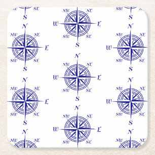 Porta-copo De Papel Quadrado Bússola Náutica Azul e Branca