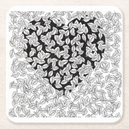 Porta-copo De Papel Quadrado C Folhas de Coração Preto Abstrato Padrão de Desen