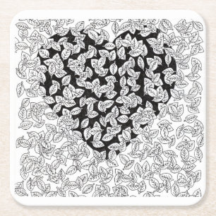 Porta-copo De Papel Quadrado C Folhas de Coração Preto Abstrato Padrão de Desen