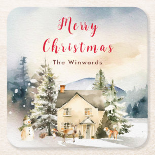 Porta-copo De Papel Quadrado Cabana de Férias de Inverno Feliz Natal