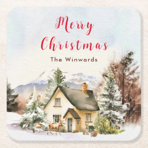 Porta-copo De Papel Quadrado Cabana de Férias de Inverno Feliz Natal