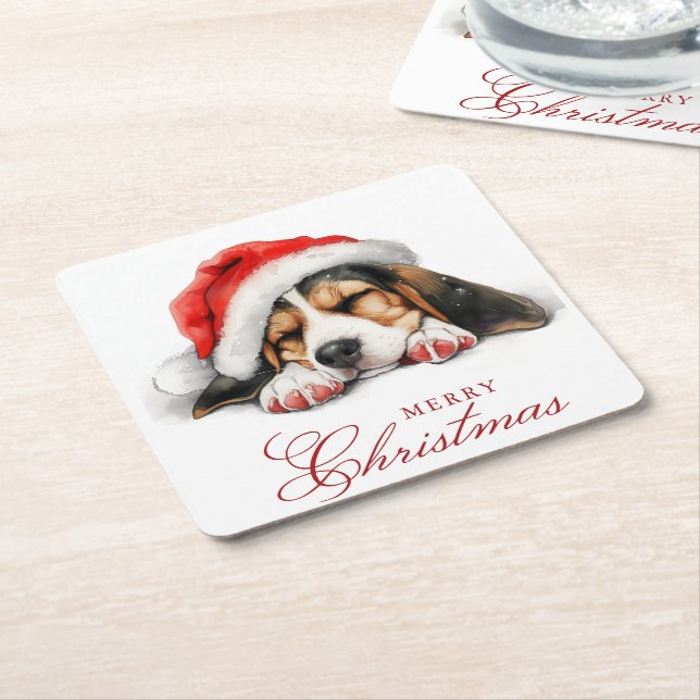 Porta-copo De Papel Quadrado Cachorro bonito com Papai Noel Feliz Natal (Inclinado)