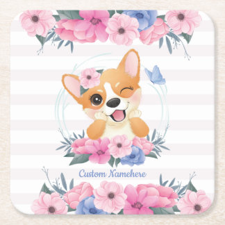 Porta-copo De Papel Quadrado Cachorro Corgi Fofo Coroa de Flores Borboleta Azul