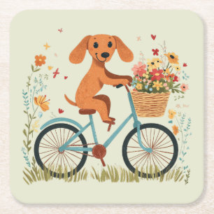 Porta-copo De Papel Quadrado Cachorro Dachshund Fofo Andando de Bicicleta com F