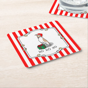 Porta-copo De Papel Quadrado Cachorro de Natal Santa Hat Fawn e Cachorro Branco