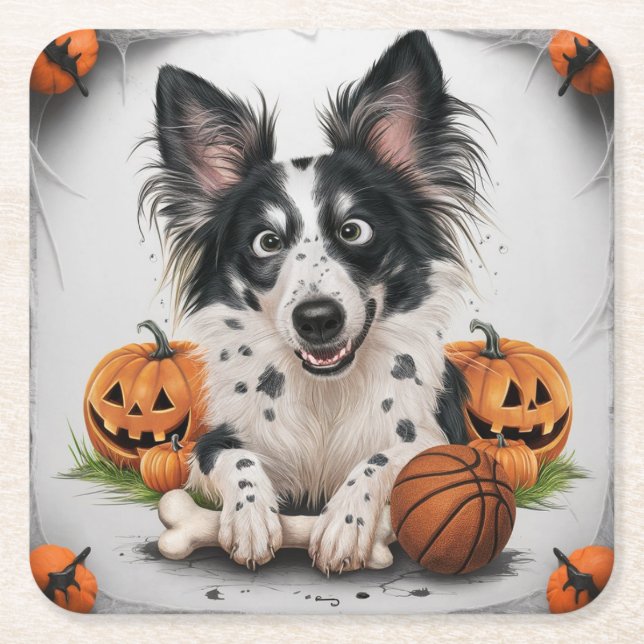 Porta-copo De Papel Quadrado Cachorro Encantado: Halloween Whimsy com Cesta (Frente)