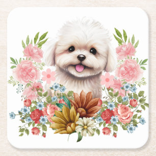 Porta-copo De Papel Quadrado Cachorro Maltês com Flores, Cachorro Maltês