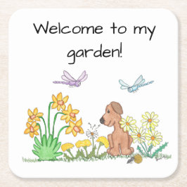 Porta-copo De Papel Quadrado Cachorro no Jardim de Flores