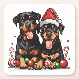 Porta-copo De Papel Quadrado Cachorro Rottweiler do Papai Noel no Natal