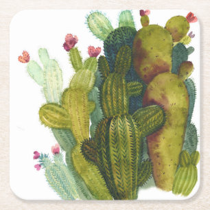 Porta-copo De Papel Quadrado Cactos, suculentas: aquarela vintage.