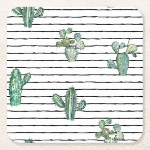 Porta-copo De Papel Quadrado Cactus Watercolor: Desenho da Caneta da Vintage.