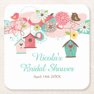 Porta-copo De Papel Quadrado Cadeiras de Pássaros Florais Rosa e Verde Chuveiro