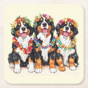 Porta-copo De Papel Quadrado Cães Berneses de Montanha Havaianos Lei de Flores