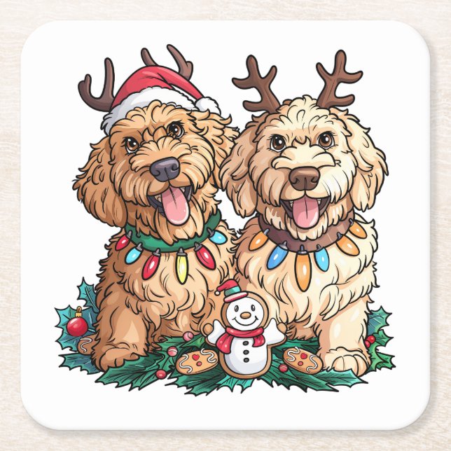 Porta-copo De Papel Quadrado Cães de Goldendoodle de Natal (Frente)