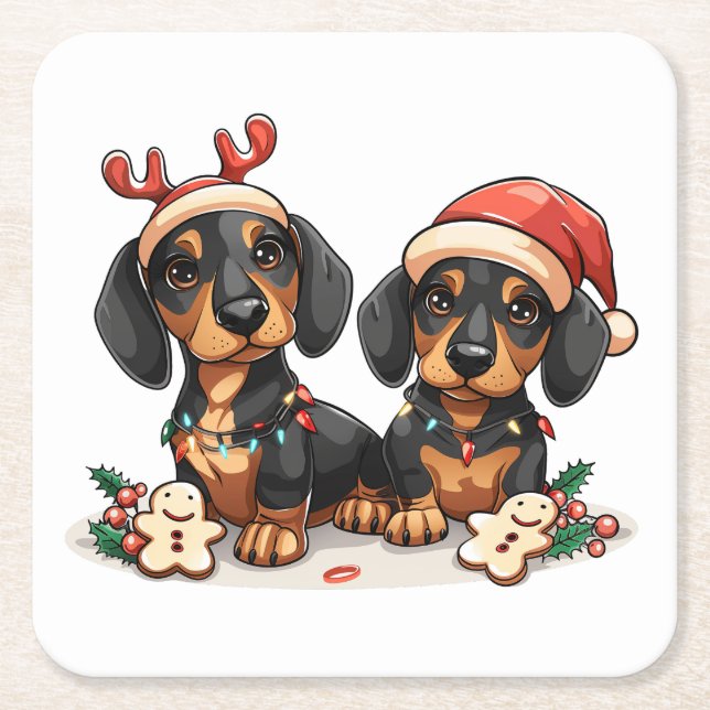 Porta-copo De Papel Quadrado Cães de Natal Dachshund (Frente)