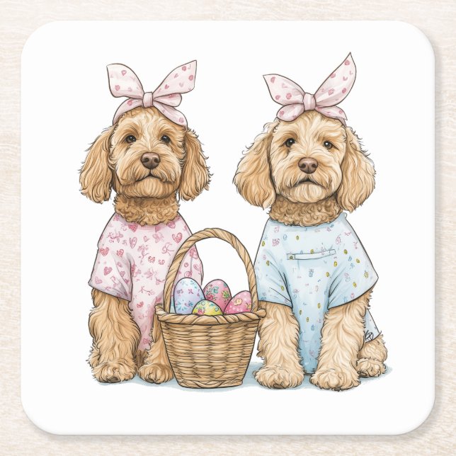Porta-copo De Papel Quadrado Cães Goldendoodle de Páscoa (Frente)