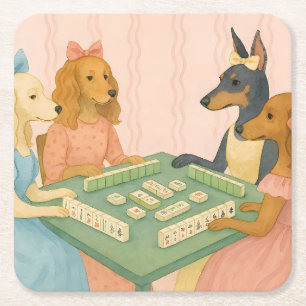 Porta-copo De Papel Quadrado Cães Lindos e Antigos Jogando Mahjong