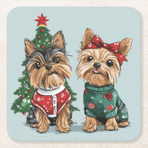 Porta-copo De Papel Quadrado Cães Yorkie de Natal