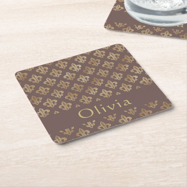 Porta-copo De Papel Quadrado Café Brown e Fleur De Lis Dourado Personalizado (Inclinado)