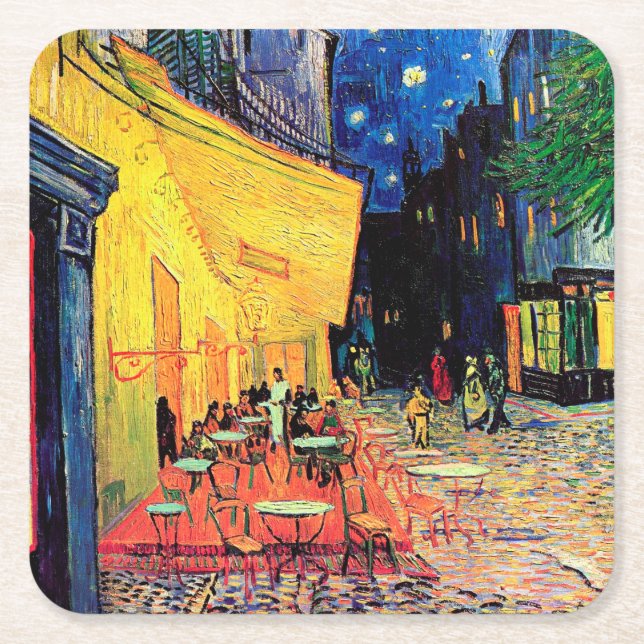 Porta-copo De Papel Quadrado Cafe Terrace na Noite, Vincent van Gogh, 1888 (Frente)
