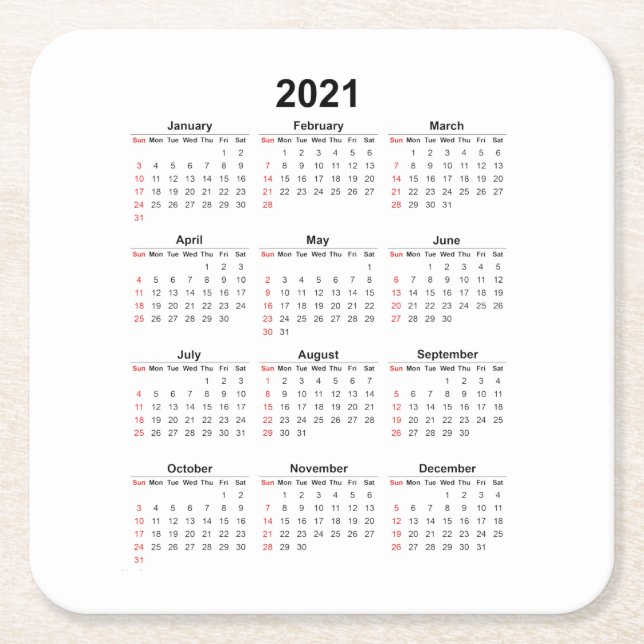 Porta-copo De Papel Quadrado Calendário Mensal 2021 Ano (Frente)