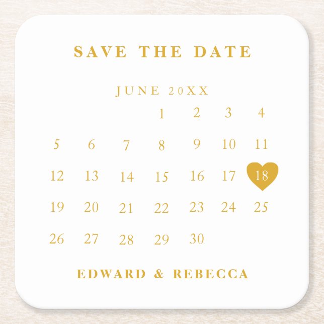 Porta-copo De Papel Quadrado Calendário Simples Dourado e Branco Salve a Data (Frente)