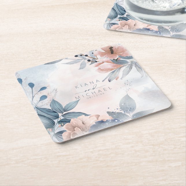 Porta-copo De Papel Quadrado Caligrafia Casamento Floral Dusty Blue ID771 (Inclinado)