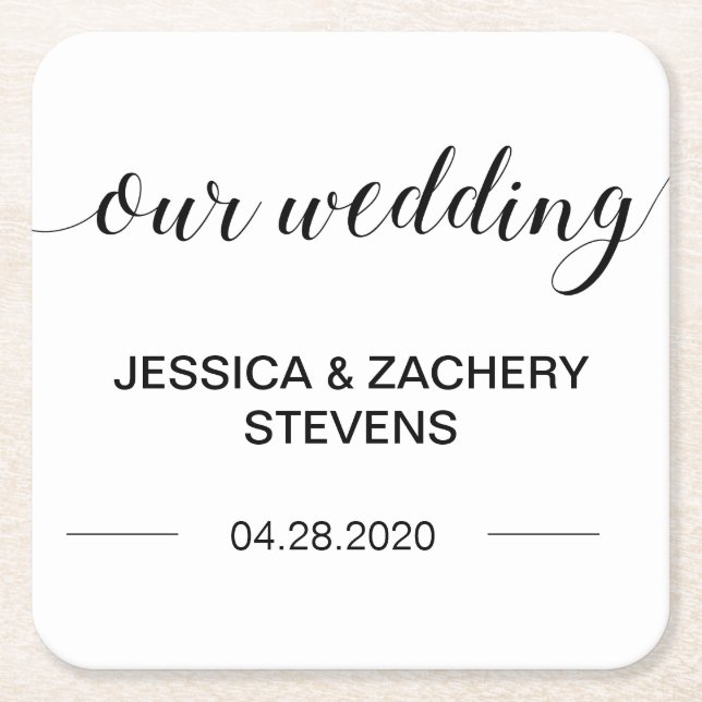 Porta-copo De Papel Quadrado Caligrafia Elegante Casamento Negro e Branco (Frente)