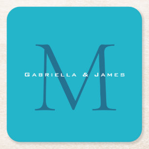 Porta-copo De Papel Quadrado Caligrafia Monograma Azure Blue Modern Plain