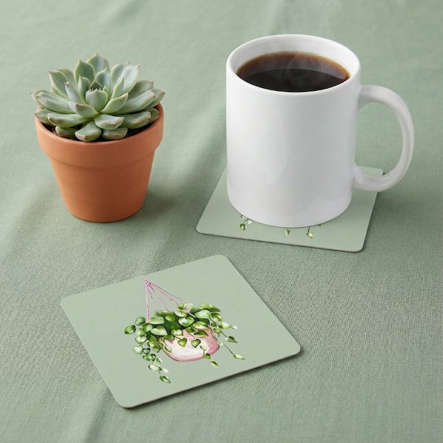 Porta-copo De Papel Quadrado Cama de Cesto de Proteção (Hanging Basket Greenery Watercolor Square Paper Coaster.)