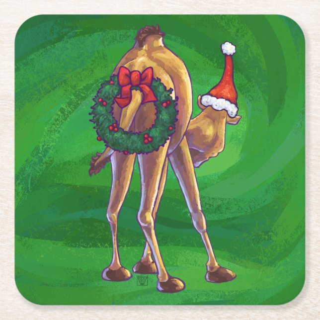 Porta-copo De Papel Quadrado Camel Christmas On Green (Frente)