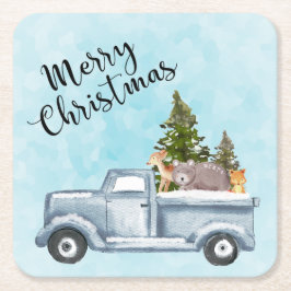 Porta-copo De Papel Quadrado Caminhão de Natal com Pinheiros e Animais Floresta