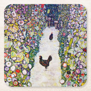 Porta-copo De Papel Quadrado Caminho do Jardim com Galinhas, Gustav Klimt