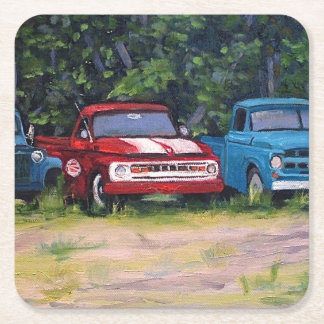 Porta-copo De Papel Quadrado Caminhões de Vintage Azul e Vermelho, Pintura a Ól