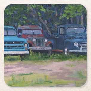 Porta-copo De Papel Quadrado Caminhões de Vintage Azul e Vermelho, Pintura Ori
