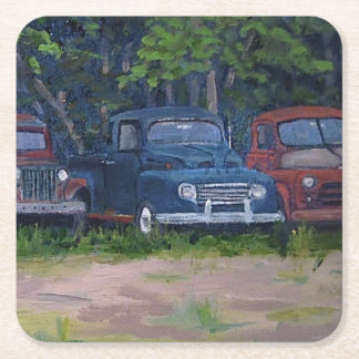 Porta-copo De Papel Quadrado Caminhões de Vintage Vermelha e Azul, Pintura Orig