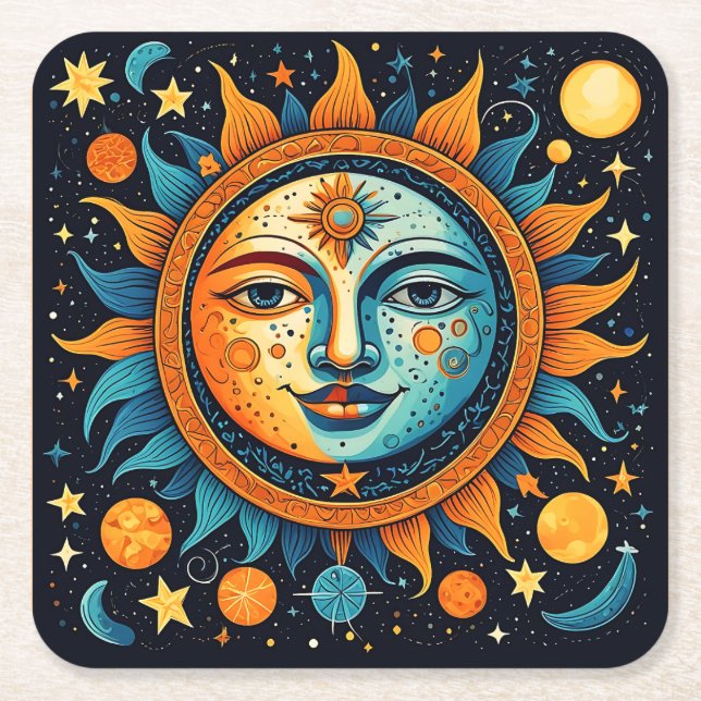 Porta-copo De Papel Quadrado Camisola do Sol e da Lua Celestial (Frente)