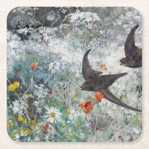 Porta-copo De Papel Quadrado Campo de andorinha e flores, Bruno Liljefors