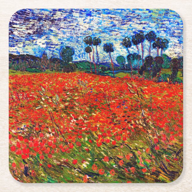 Porta-copo De Papel Quadrado Campo de Flor Vermelho, Van Gogh (Frente)