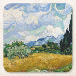 Porta-copo De Papel Quadrado Campo de trigo Vintage Van Gogh com ciprestes