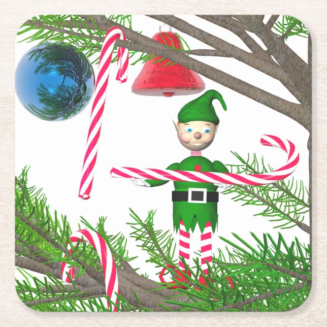 Porta-copo De Papel Quadrado Candy Cane Elf de Natal (Frente)