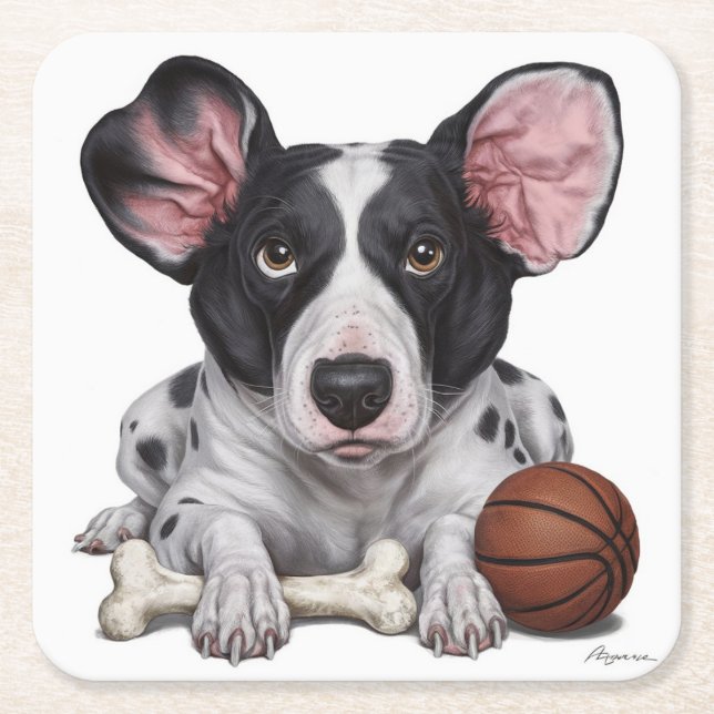 Porta-copo De Papel Quadrado Canino com Basquete e Osso (Frente)