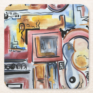 Porta-copo De Papel Quadrado Cantando Na Cozinha-Arte Abstrata Aquarela