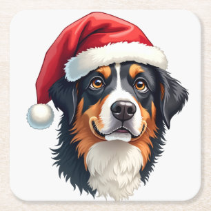 Porta-copo De Papel Quadrado Cão Bernês de Natal com chapéu de Papai Noel