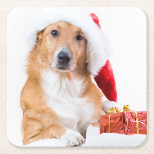Porta-copo De Papel Quadrado Cão do Natal com antler e os presentes coloridos