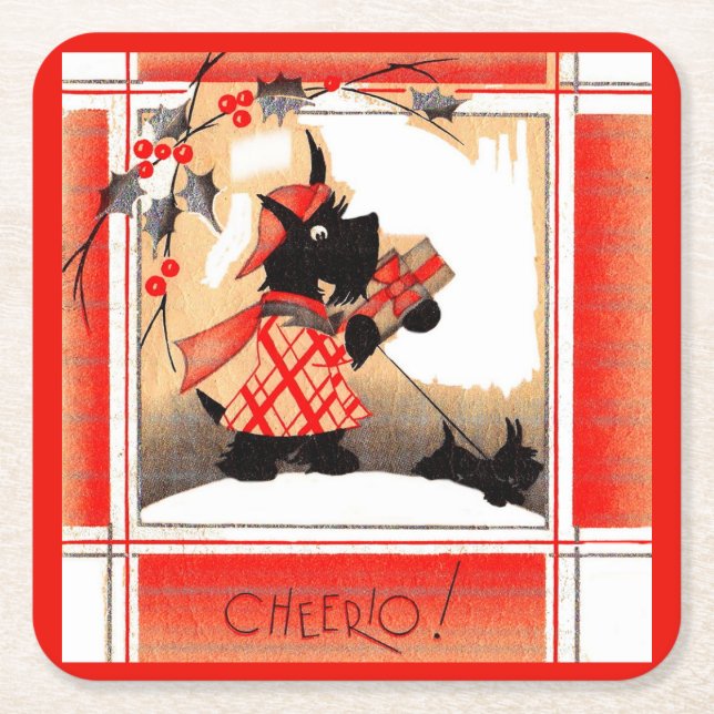 Porta-copo De Papel Quadrado Cão escocês de Natal de 1930 diz "Cheerio" (Frente)